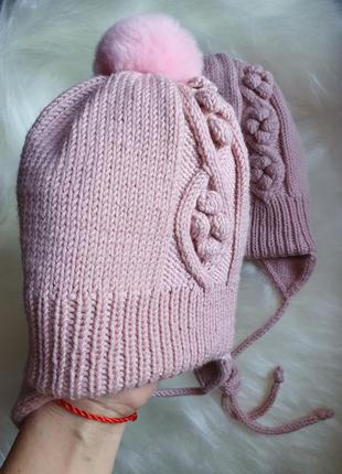 Зимова тепла шапка на дівчинку р. 47-48 ручної роботи ніжна5 фото