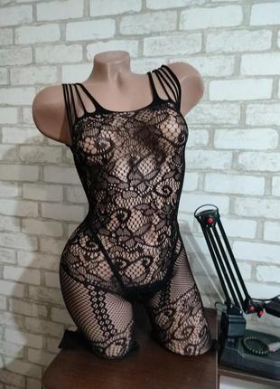 Сітчастий чорний комбідрес bodystocking бодистокинг "ассоль" з імітацією панчіх і ажурних підв'язок