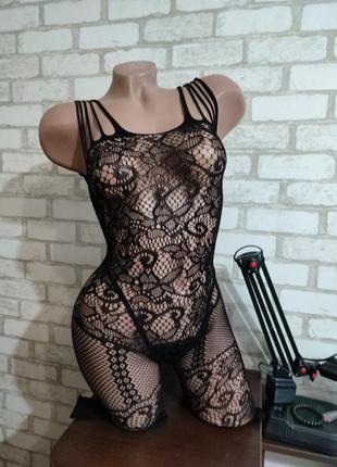 Сетчатый черный комбидресс bodystocking бодистокинг "ассоль" с имитацией чулок и ажурных подвязок