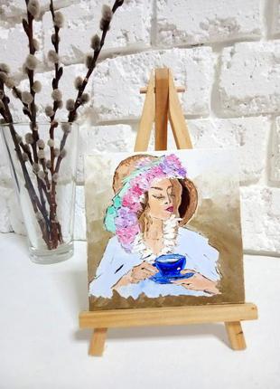 Девушка с чашкой ☕ миниатюрная картина маслом