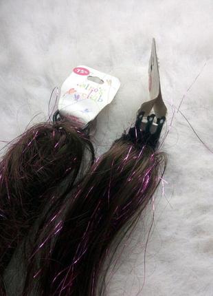 Заколки крабики для волос с искусственными коричневыми волосами канекалон с блестящими2 фото