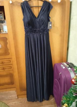Платье плаття сукня довге длинное в пол вечернее выпускное люрексове люрексовое блестящее блискуче синее синє с ожерельем короной серьгами2 фото