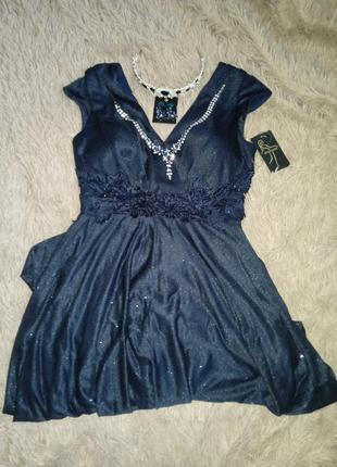 Платье плаття сукня довге длинное в пол вечернее выпускное люрексове люрексовое блестящее блискуче синее синє с ожерельем короной серьгами1 фото