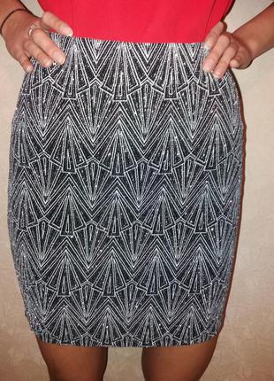 Блестящая мини юбка h&m в геометричный принт, обтягивающая юбка, міні спідниця1 фото