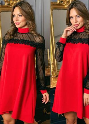Платье ткань: итальянский трикотаж+сетка горох+кружево
расцветки: черный, красный1 фото