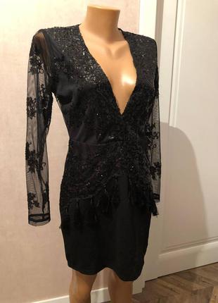 Шикарное нарядное черное платье в пайетки  франция azaka размер м