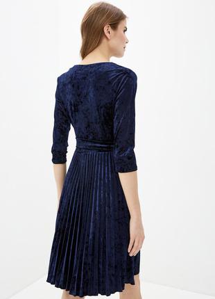 Велюровое платье темно-синее на запах, юбка плиссе, хлопок2 фото