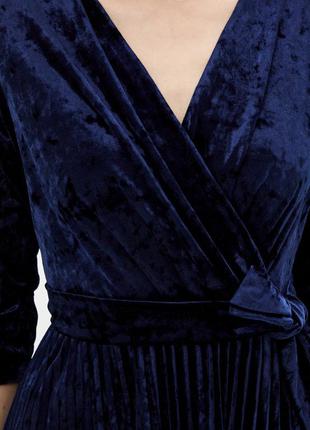 Велюровое платье темно-синее на запах, юбка плиссе, хлопок3 фото