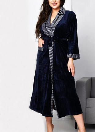 Халат для дома женский синий велюровый, на запах, с поясом, хлопковый теплый домашний халат. размер 54 (3xl).1 фото
