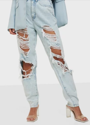 Новые светло-голубые джинсы мом в винтажном стиле с рваностями, разрезы, порванные4 фото