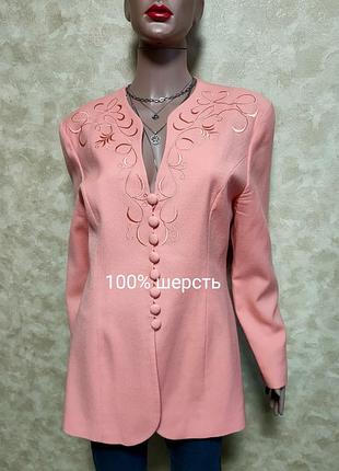 Винтажный шерстяной персиковый удлиненный жакет с вышивкой woolmark paruline