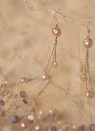 Сережки-ланцюжки з ліловим перлами "попіл троянди"3 фото