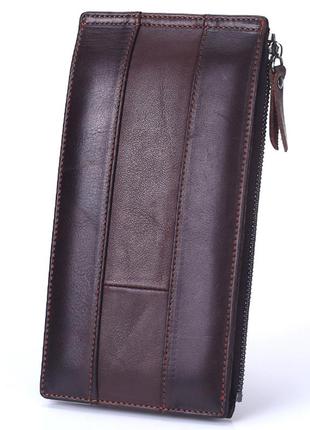Мужской длинный кожаный кошелек портмоне на кнопке premium c24 коричневый. шкіряний гаманець на кнопці