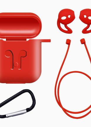 Комплект захисний силіконовий чохол з карабіном для airpods і tws + амбушюр + шнурок для навушників червоний