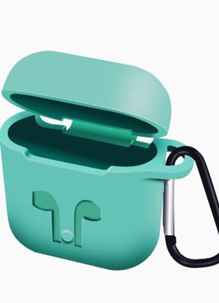 Защитный силиконовый чехол с карабином для наушников airpods 1 / 2 и tws бирюзовый