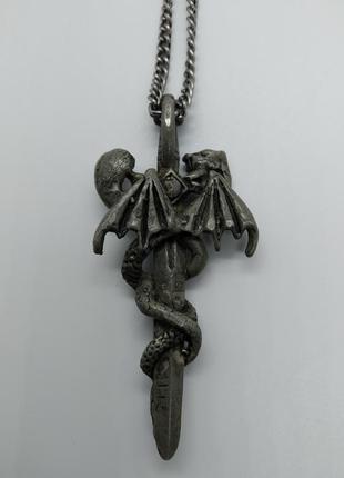 Готична підвіска унісекс кулон меч дракон, змія кобра кристали на ланцюжку2 фото