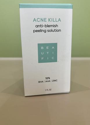 Beautific acne killa anti-blemish peeling solution bha|aha|zinc гліколевий пілінг для обличчя | молочний | саліциловий