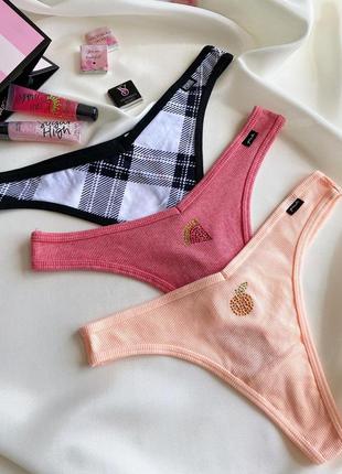 Набір з 3х трусиків victoria's secret pink оригінал комплект труси стрингі рубчик вікторія сікрет