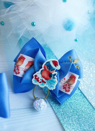 Синие бантики для девочек на резинках, бантики с подвесками синие, банты со снегирями зимние, школьные бантики резинки