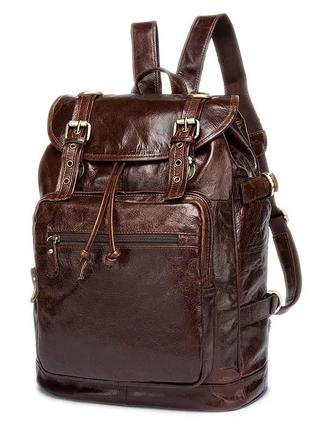 Кожаный стильный коричневый рюкзак вместительный стяжка клапан мужской унисекс