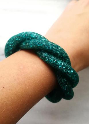 Браслет темная бирюза сетка переплетённая коса с блестящим наполнителем