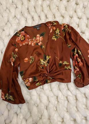 Топ блуза на запах шелковая атласная легкая в цветочный принт с объёмными рукавами свободная оверсайз2 фото