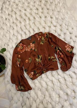 Топ блуза на запах шелковая атласная легкая в цветочный принт с объёмными рукавами свободная оверсайз1 фото