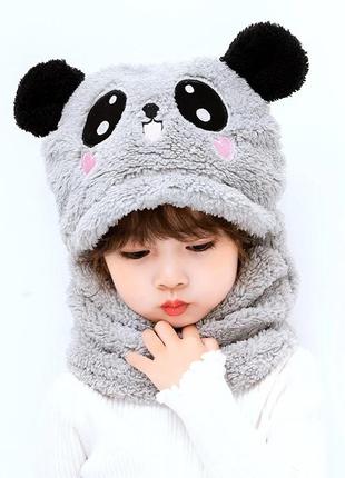 Дитячий снуд панда з вушками (ведмедик) тепла шапка-шарф 2 в 1 (зимова шапка-шолом, балаклава) рожева, унісекс9 фото