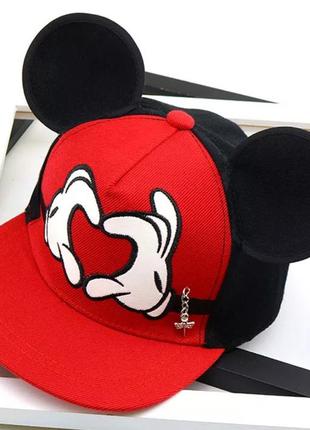 Дитяча кепка снепбек з вушками міккі маус серце (mickey mouse) disney з прямим козирком червона, унісекс