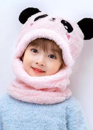 Дитячий снуд панда з вушками (ведмедик) тепла шапка-шарф 2 в 1 (зимова шапка-шолом, балаклава) рожева, унісекс