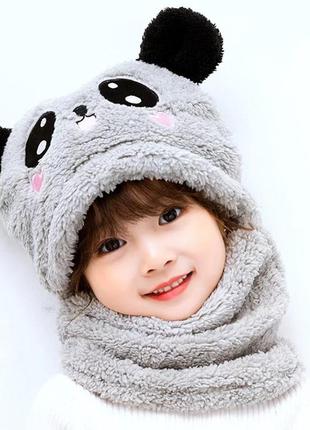 Дитячий снуд панда з вушками (ведмедик) тепла шапка-шарф 2 в 1 (зимова шапка-шолом, балаклава) рожева, унісекс6 фото