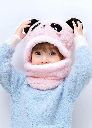 Дитячий снуд панда з вушками (ведмедик) тепла шапка-шарф 2 в 1 (зимова шапка-шолом, балаклава) рожева 2, унісекс8 фото