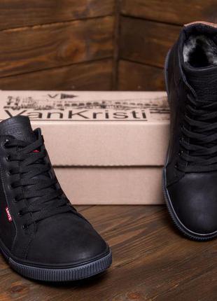 Мужские зимние кожаные кроссовки levis black classic3 фото