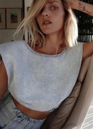 Zara культовый джинсовый топ с подплечниками sold out лимитка