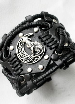 Кожаный браслет волк скандинавский стиль