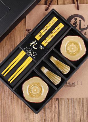 Посуда для суши цветы сливы. набор для суши на 2 персоны (6 предметов) золотой1 фото