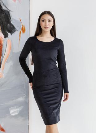 Удобное модное женское платье из велюрового вельвета чёрный цвет