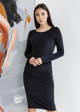 Удобное модное женское платье из велюрового вельвета чёрный цвет8 фото