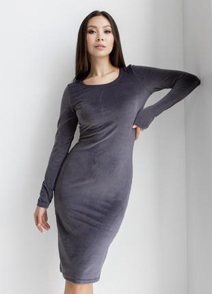 Удобное модное женское платье из велюрового вельвета серый цвет