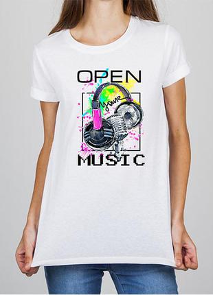 Жіноча футболка з принтом навушники "open your music" push it