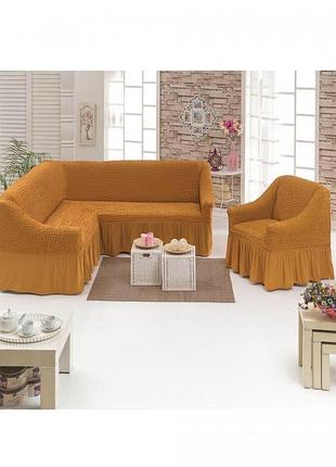 Натяжные чехлы на угловые диваны и кресло, еврочехол на угловой диван с юбкой жатка накидка темно серый графит