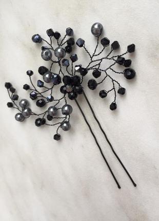 Прикраса шпилька для волосся темна павутинка чорний сірий графіт перли кришталь вечірня готичний стиль