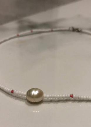 Чокер з натуральною перлинкою, буси з бісеру