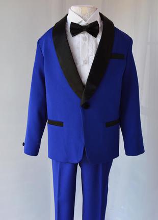 Нарядний костюм для хлопчика, смокінг синій електрик (піджак штани пояс метелик)8 фото