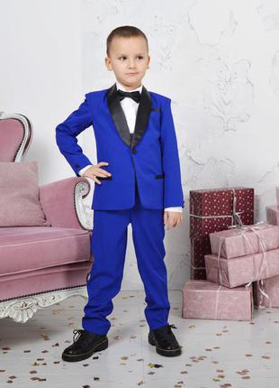 Нарядний костюм для хлопчика, смокінг синій електрик (піджак штани пояс метелик)2 фото