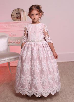 Нарядна сукня для дівчинки пудра з білим мереживом на 5-6 років8 фото