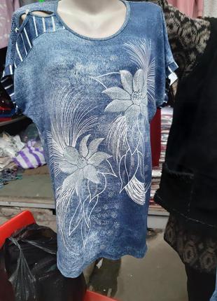 Женская нарядная футболка большого размера рисунок цветы2 фото