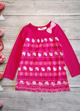 Тёплое вязаное розовое платье hello kitty с длинными рукавами на девочку 3-4 годика