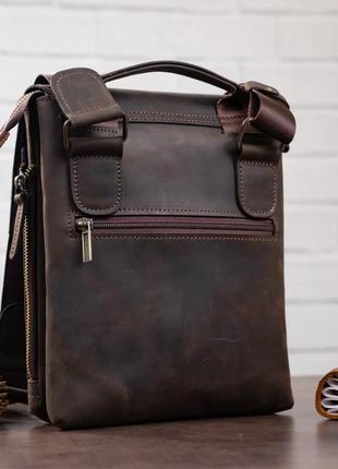 Мужская кожаная стильна сумка через плечо на плечо ручная работа коричневая  casual handmade2 фото