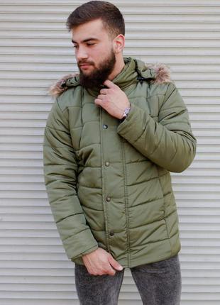 Чоловіча зимова куртка колір хакі з хутром на капюшоні5 фото